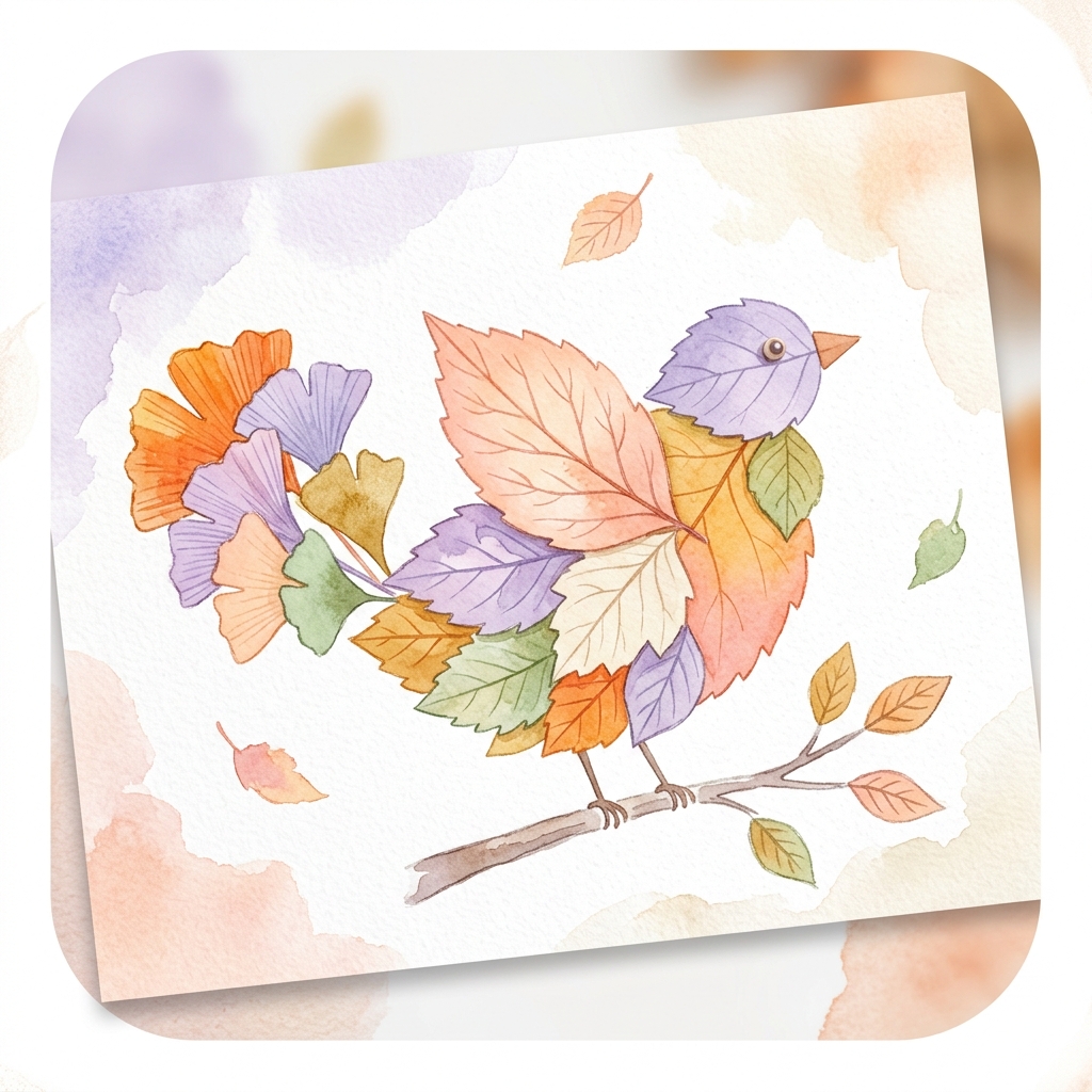 Leaf Art activity — bird made from colorful leaves